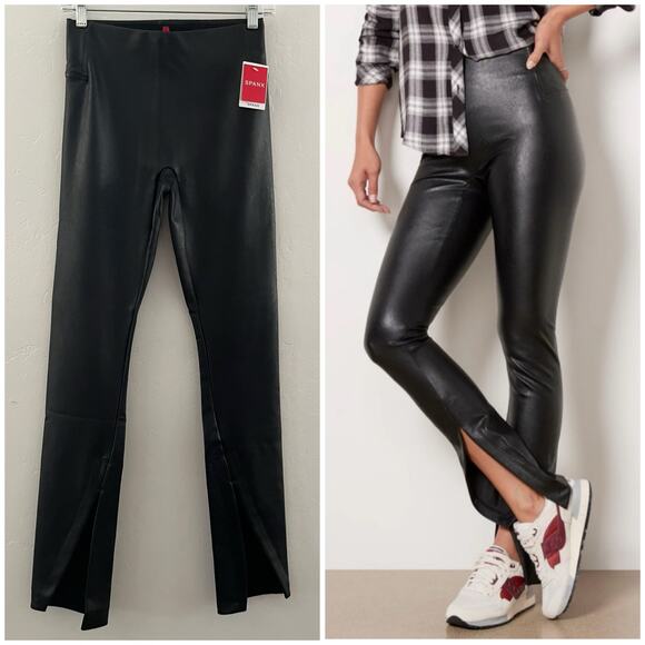 Spanx Leather-Like Front Slit Pants Women's XS in Luxe Black Faux Vegan NWT - Picture 1 of 12